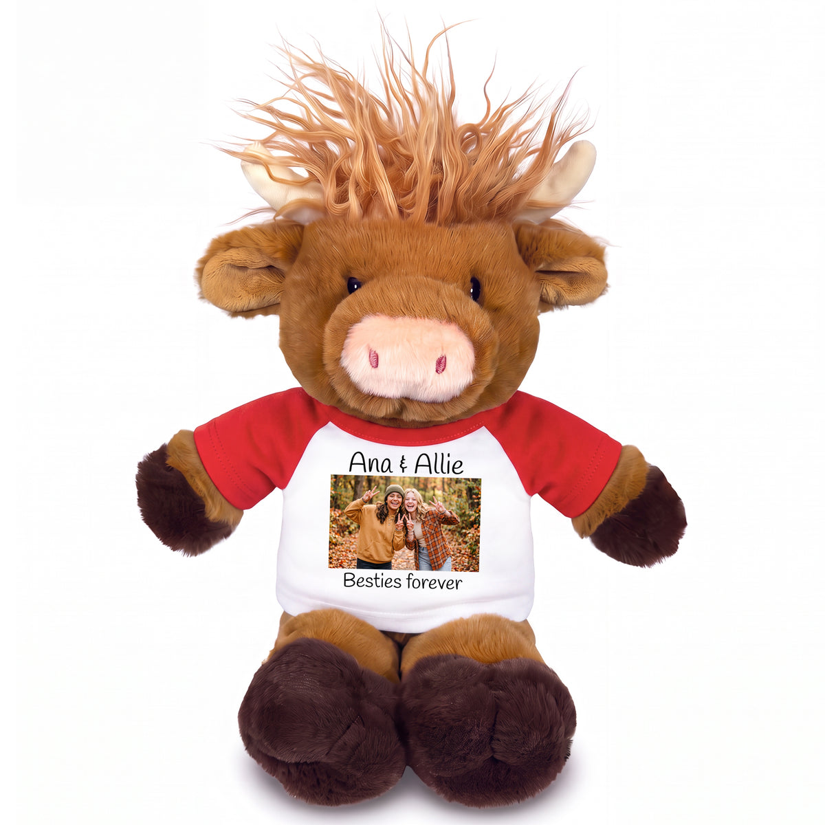 Personalized Stuffed Scottish Highland Cow / Mucklecoo - 12" Plush with Photo & Text - Red Shirt