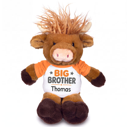 Personalized Big Brother Scottish Highland Cow - 12 inches - Orange Shirt with Orange Design
