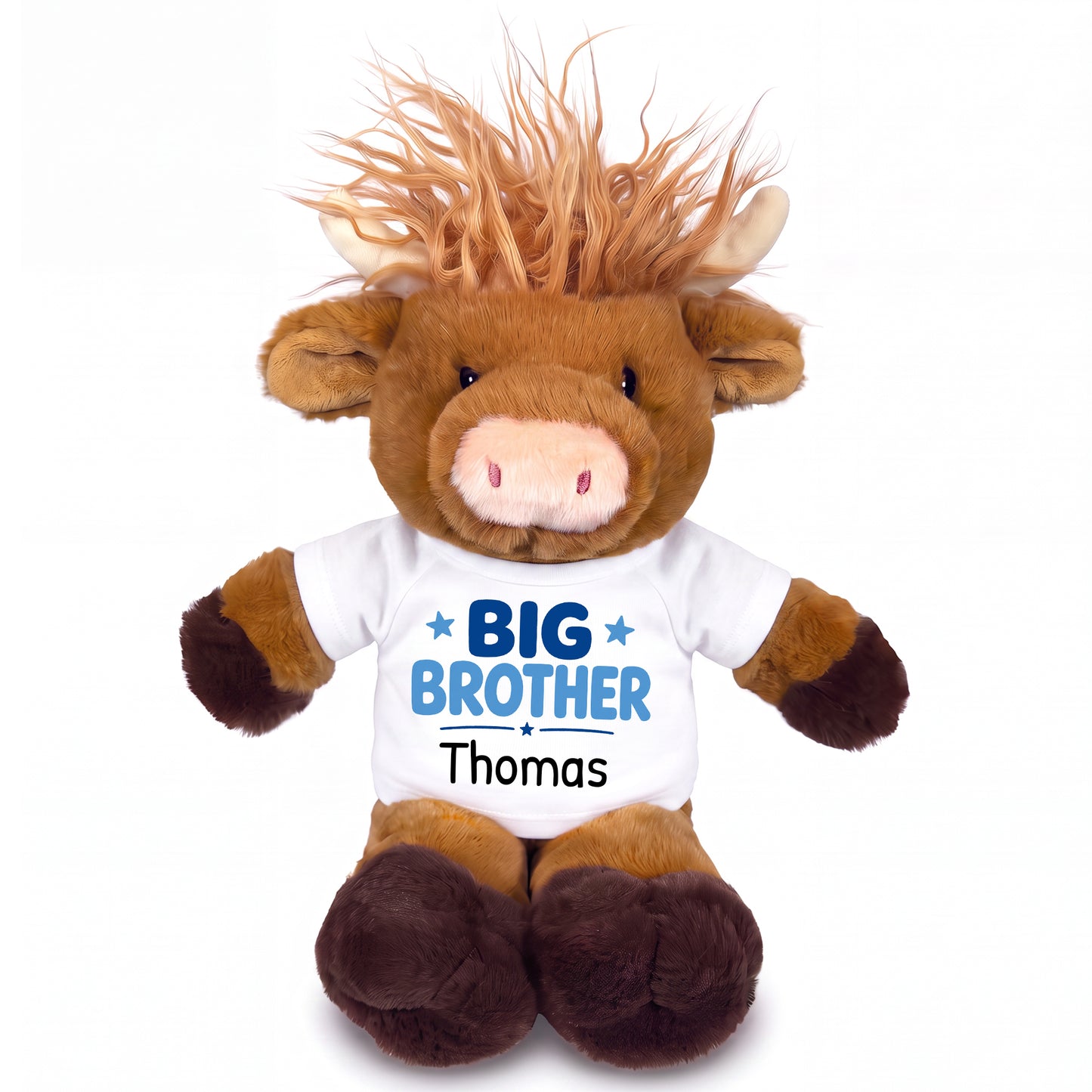 Personalized Big Brother Scottish Highland Cow - 12 inches - White Shirt with Blue Design