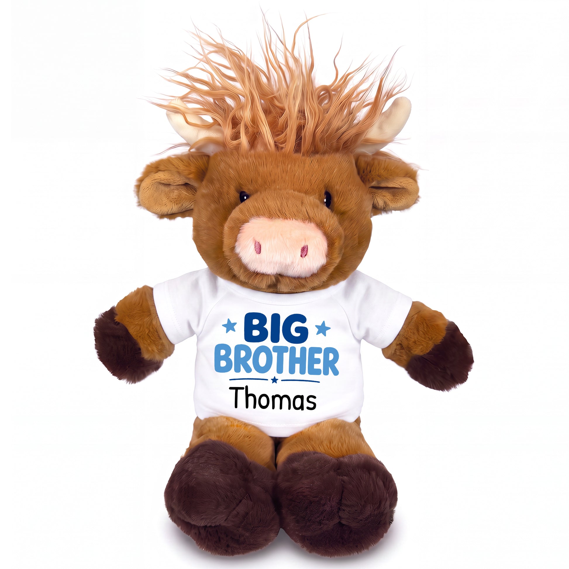 Personalized Big Brother Scottish Highland Cow - 12 inches - White Shirt with Blue Design