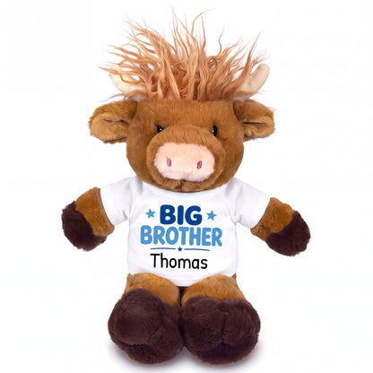 Personalized Big Brother Scottish Highland Cow - 12 inches - White Shirt with Blue Design