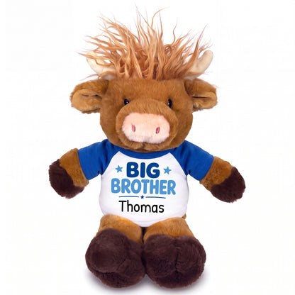 Personalized Big Brother Scottish Highland Cow - 12 inches - Royal Blue Shirt with Blue Design