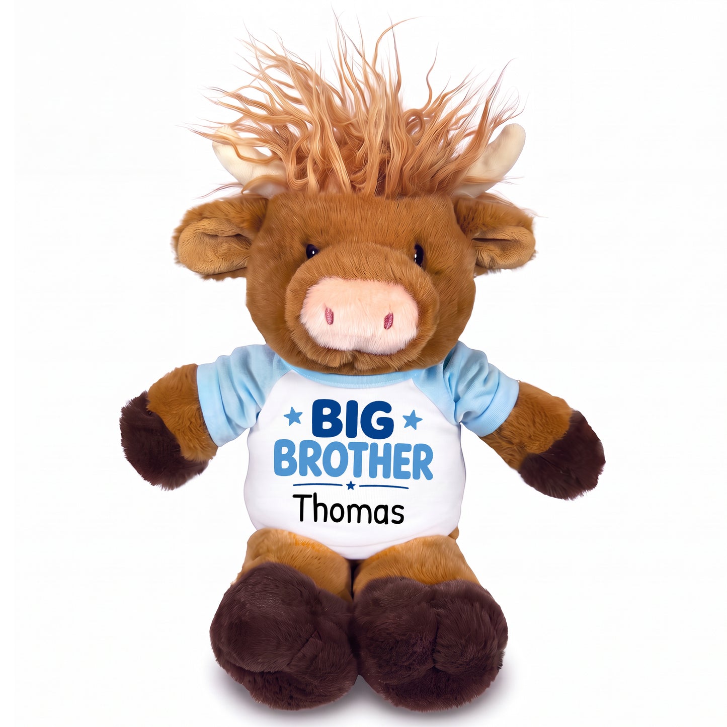 Personalized Big Brother Scottish Highland Cow - 12 inches - Light Blue Shirt with Blue Design
