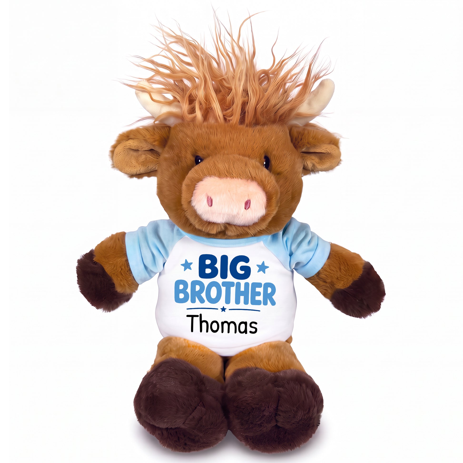 Personalized Big Brother Scottish Highland Cow - 12 inches - Light Blue Shirt with Blue Design