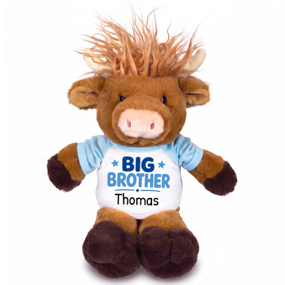 Personalized Big Brother Scottish Highland Cow - 12 inches - Light Blue Shirt with Blue Design