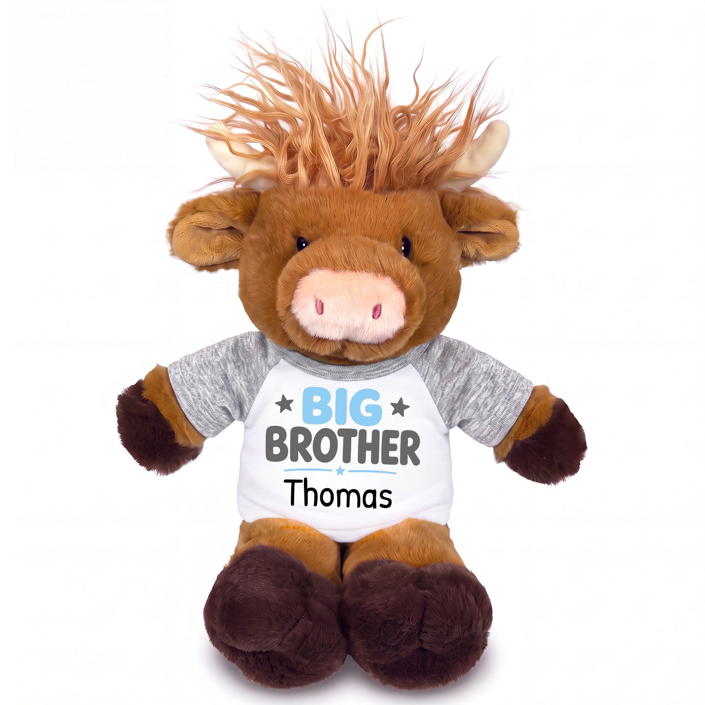 Personalized Big Brother Scottish Highland Cow - 12 inches - Grey Shirt with Light Blue Design
