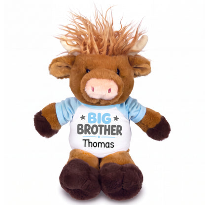 Personalized Big Brother Scottish Highland Cow - 12 inches - Light Blue Shirt with Light Blue Design