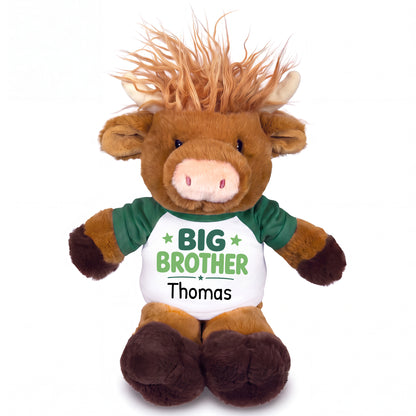 Personalized Big Brother Scottish Highland Cow - 12 inches - Green Shirt with Green Design