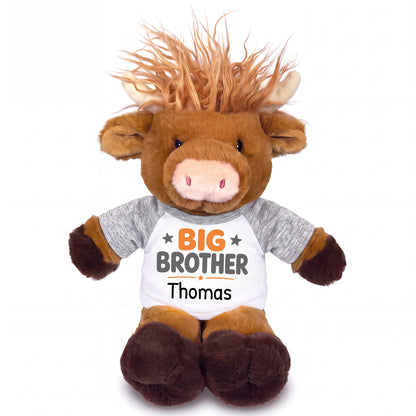 Personalized Big Brother Scottish Highland Cow - 12 inches - Grey Shirt with Orange Design