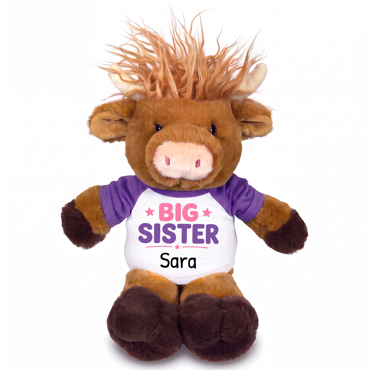 Personalized Big Sister Scottish Highland Cow - 12 inch Plush - Purple Shirt, Pink/Purple Design