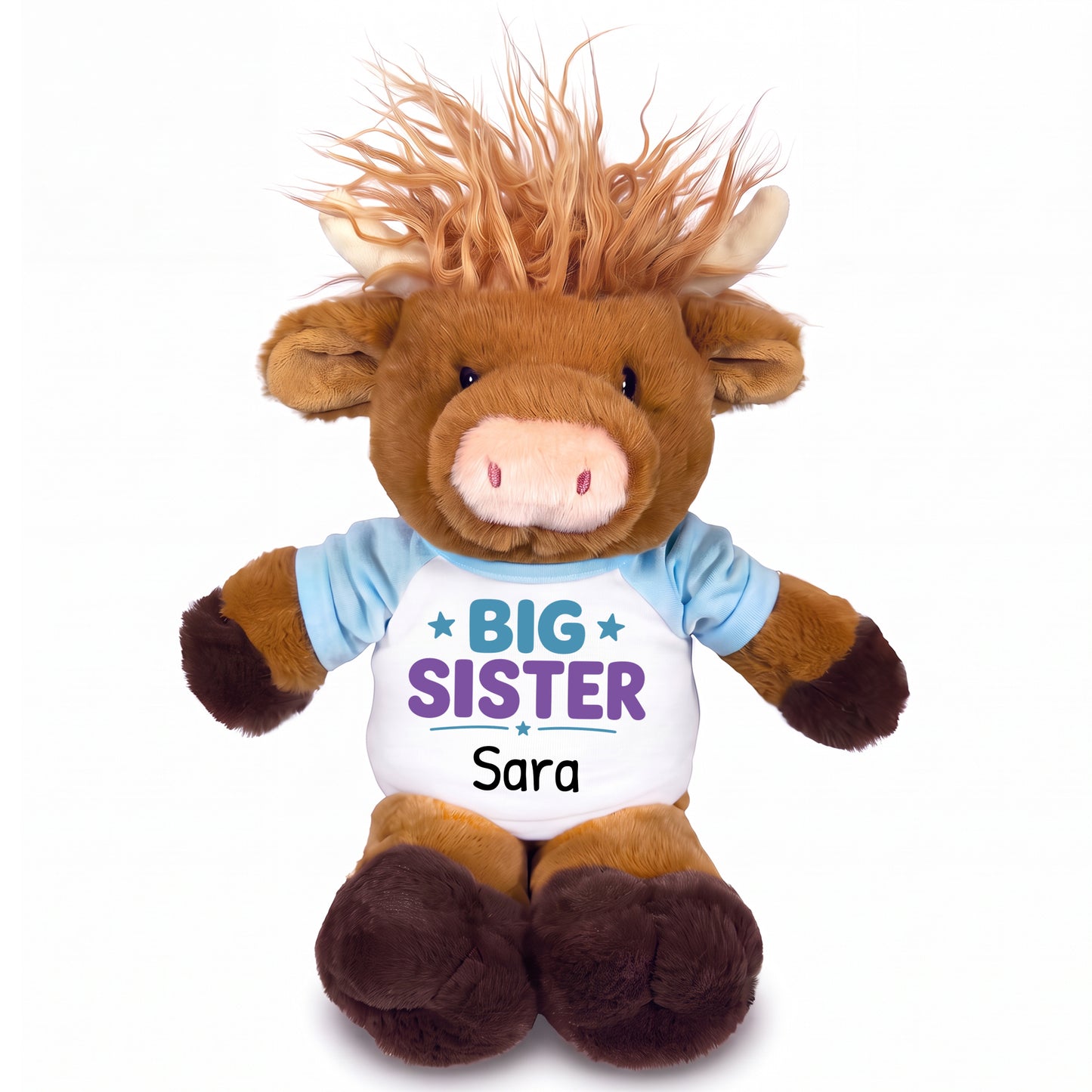 Personalized Big Sister Scottish Highland Cow - 12 inch Plush - Light Blue Shirt with Teal/Purple Design