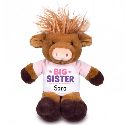 Personalized Big Sister Scottish Highland Cow - 12 inch Plush - Pink Shirt, Pink/Purple Design