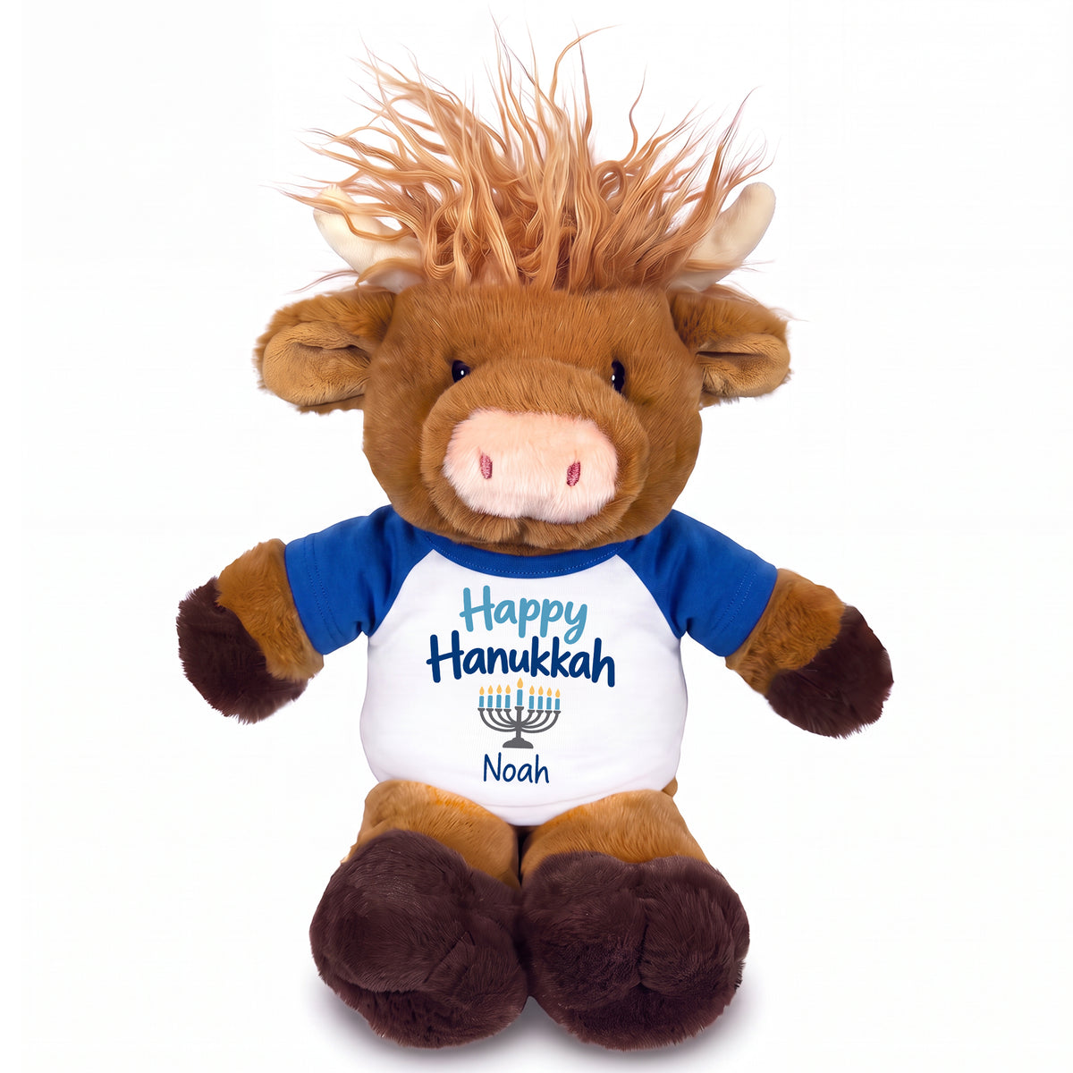 Personalized Hanukkah Stuffed Cow - 12 Inch Plush Scottish Highland Cow - Happy Hanukkah Design - royal blue shirt with blue design