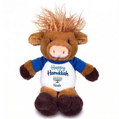 Personalized Hanukkah Stuffed Cow - 12 Inch Plush Scottish Highland Cow - Happy Hanukkah Design - royal blue shirt with blue design