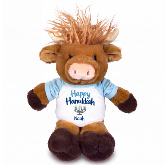 Personalized Hanukkah Stuffed Cow - 12 Inch Plush Scottish Highland Cow - Happy Hanukkah Design - Light Blue shirt with blue design