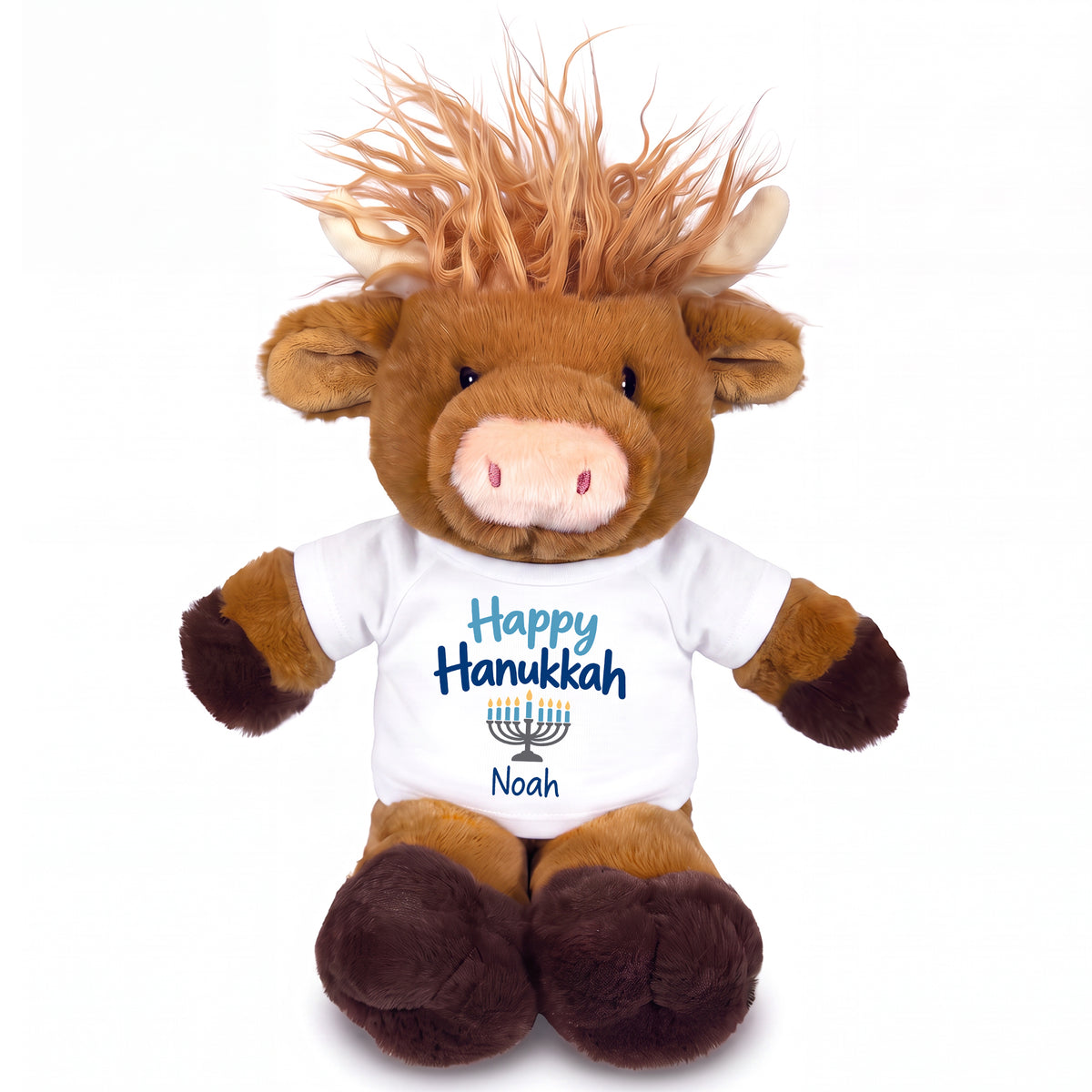 Personalized Hanukkah Stuffed Cow - 12 Inch Plush Scottish Highland Cow - Happy Hanukkah Design - white shirt with blue design