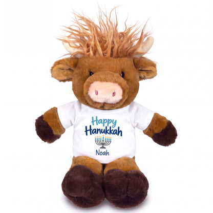 Personalized Hanukkah Stuffed Cow - 12 Inch Plush Scottish Highland Cow - Happy Hanukkah Design - white shirt with blue design