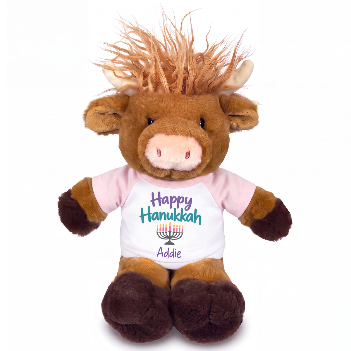 Personalized Hanukkah Stuffed Cow - 12 Inch Plush Scottish Highland Cow - Happy Hanukkah Design - pink shirt with pastel design