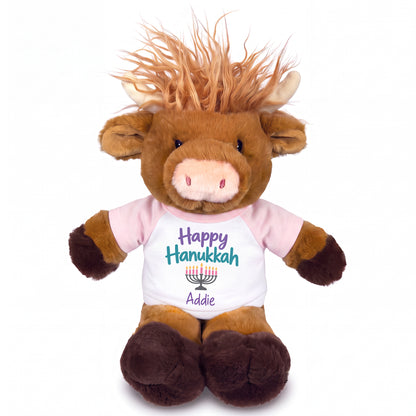 Personalized Hanukkah Stuffed Cow - 12 Inch Plush Scottish Highland Cow - Happy Hanukkah Design - pink shirt with pastel design