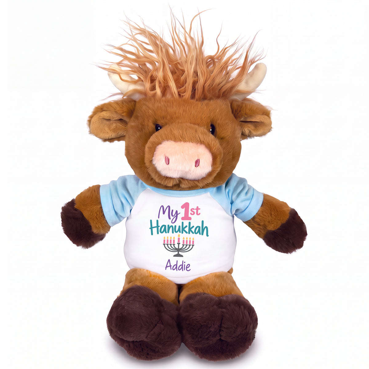 Personalized Hanukkah Stuffed Cow - 12 Inch Plush Scottish Highland Cow - My First Hanukkah Design - light blue shirt with pastel design