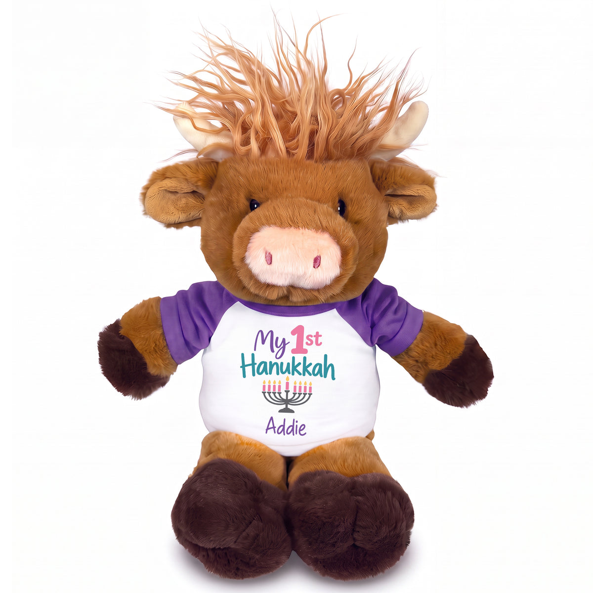 Personalized Hanukkah Stuffed Cow - 12 Inch Plush Scottish Highland Cow - My First Hanukkah Design - purple shirt with pastel design