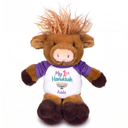 Personalized Hanukkah Stuffed Cow - 12 Inch Plush Scottish Highland Cow - My First Hanukkah Design - purple shirt with pastel design