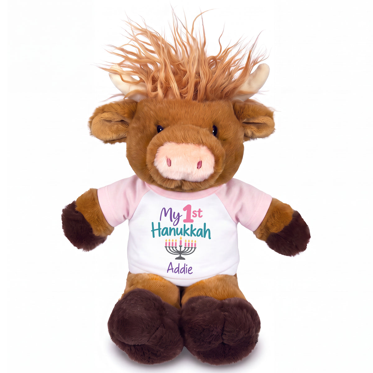 Personalized Hanukkah Stuffed Cow - 12 Inch Plush Scottish Highland Cow - My First Hanukkah Design - pink shirt with pastel design