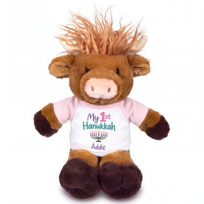 Personalized Hanukkah Stuffed Cow - 12 Inch Plush Scottish Highland Cow - My First Hanukkah Design - pink shirt with pastel design