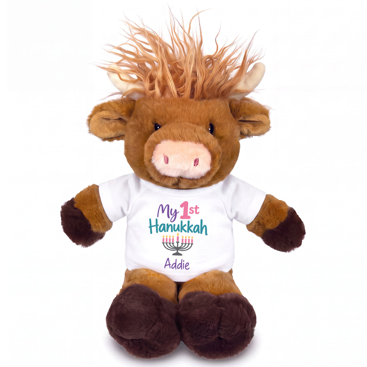 Personalized Hanukkah Stuffed Cow - 12 Inch Plush Scottish Highland Cow - My First Hanukkah Design - white shirt with pastel design
