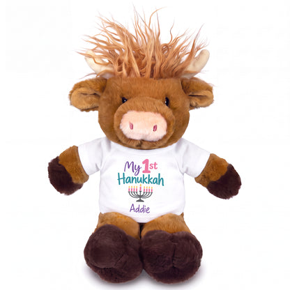 Personalized Hanukkah Stuffed Cow - 12 Inch Plush Scottish Highland Cow - My First Hanukkah Design - white shirt with pastel design