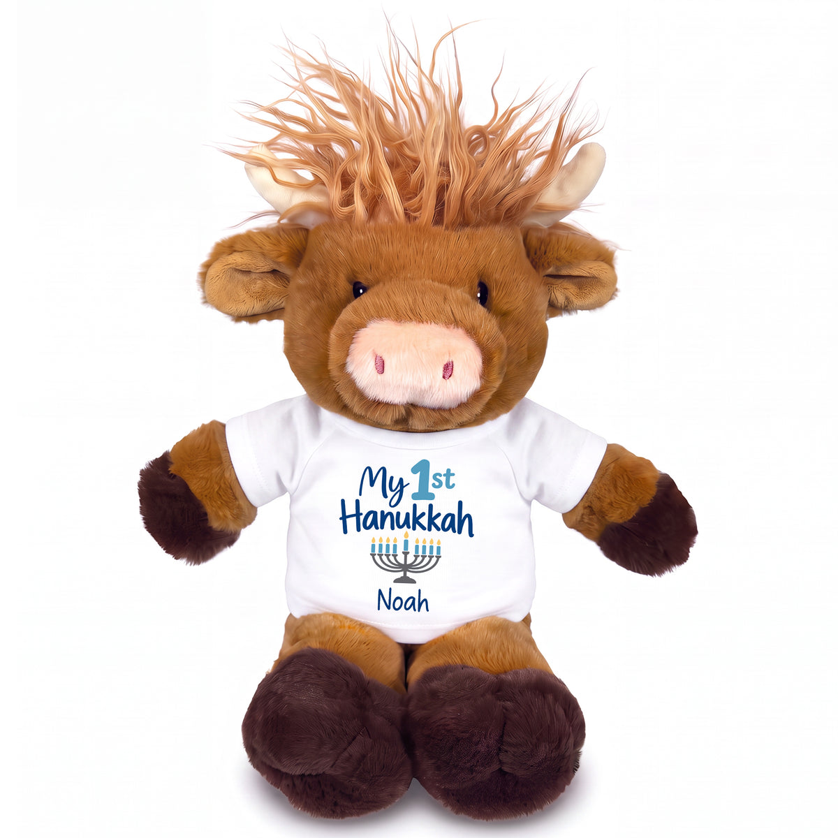 Personalized Hanukkah Stuffed Cow - 12 Inch Plush Scottish Highland Cow - My First Hanukkah Design - white shirt with blue design