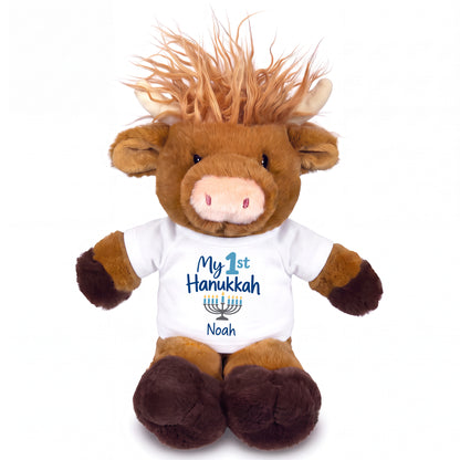 Personalized Hanukkah Stuffed Cow - 12 Inch Plush Scottish Highland Cow - My First Hanukkah Design - white shirt with blue design