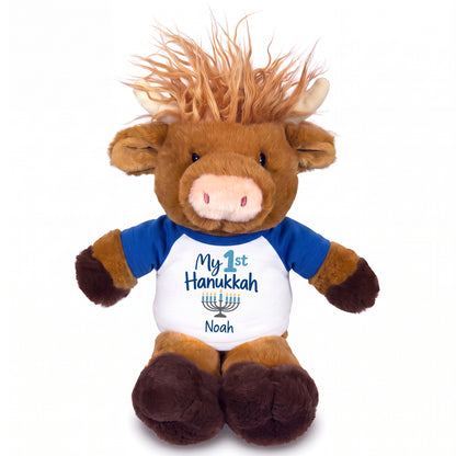 Personalized Hanukkah Stuffed Cow - 12 Inch Plush Scottish Highland Cow - My First Hanukkah Design - royal blue shirt with blue design