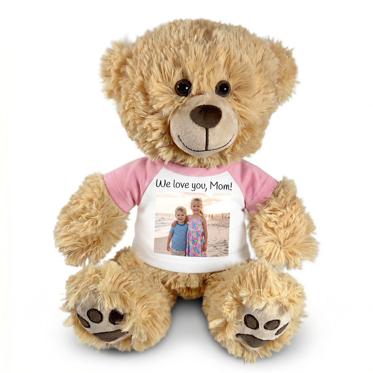 Personalized Teddy Bear - 15 inch Honey Bear with Photo and/or Text - Pink Shirt