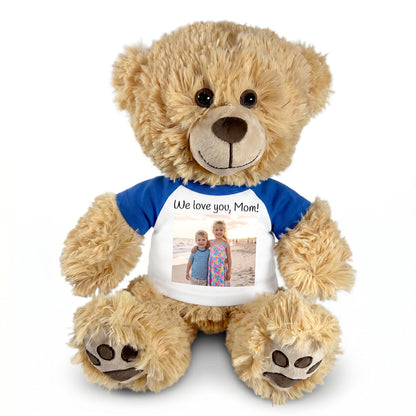 Personalized Teddy Bear - 15 inch Honey Bear with Photo and/or Text - Royal Blue Shirt