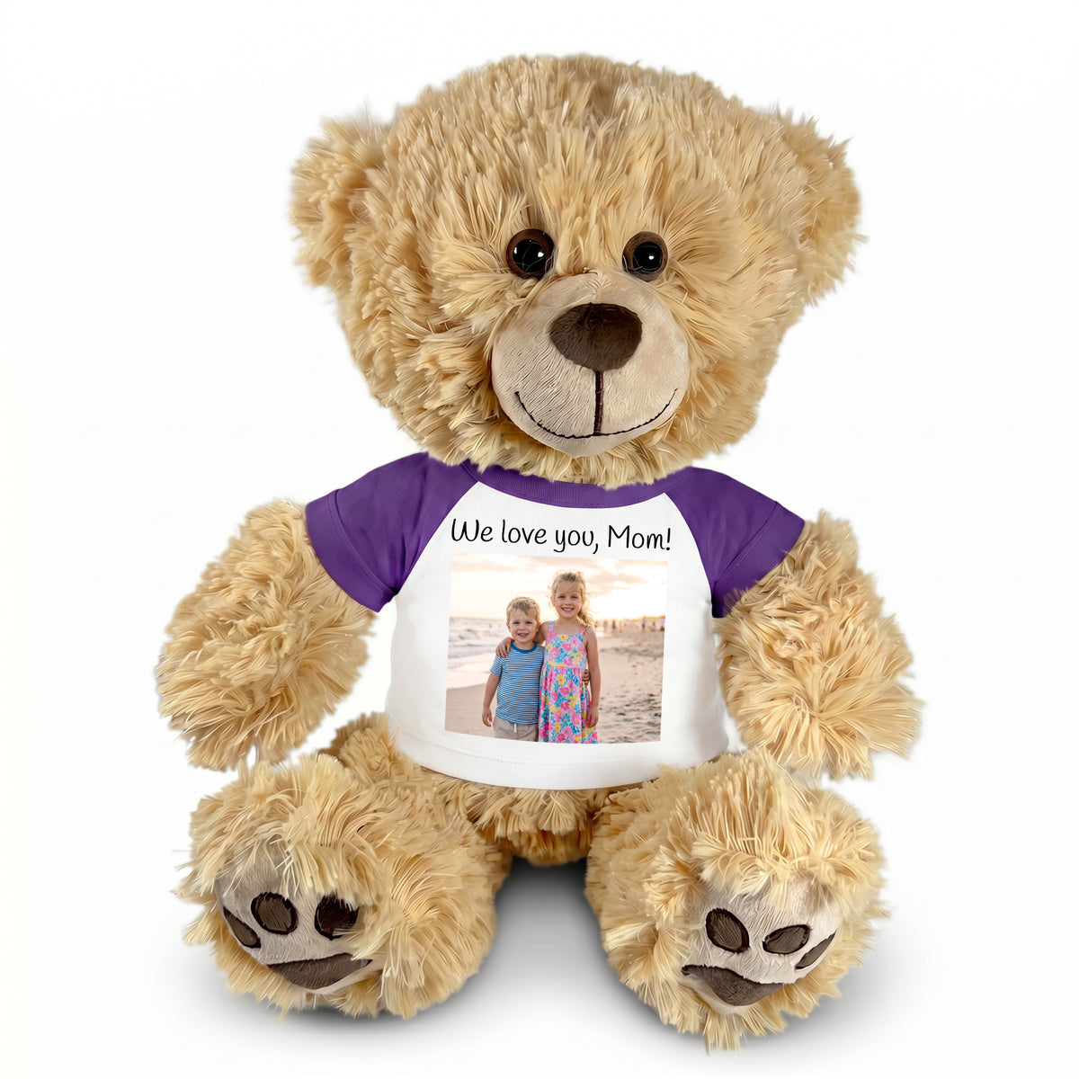 Personalized Teddy Bear - 15 inch Honey Bear with Photo and/or Text - Purple Shirt