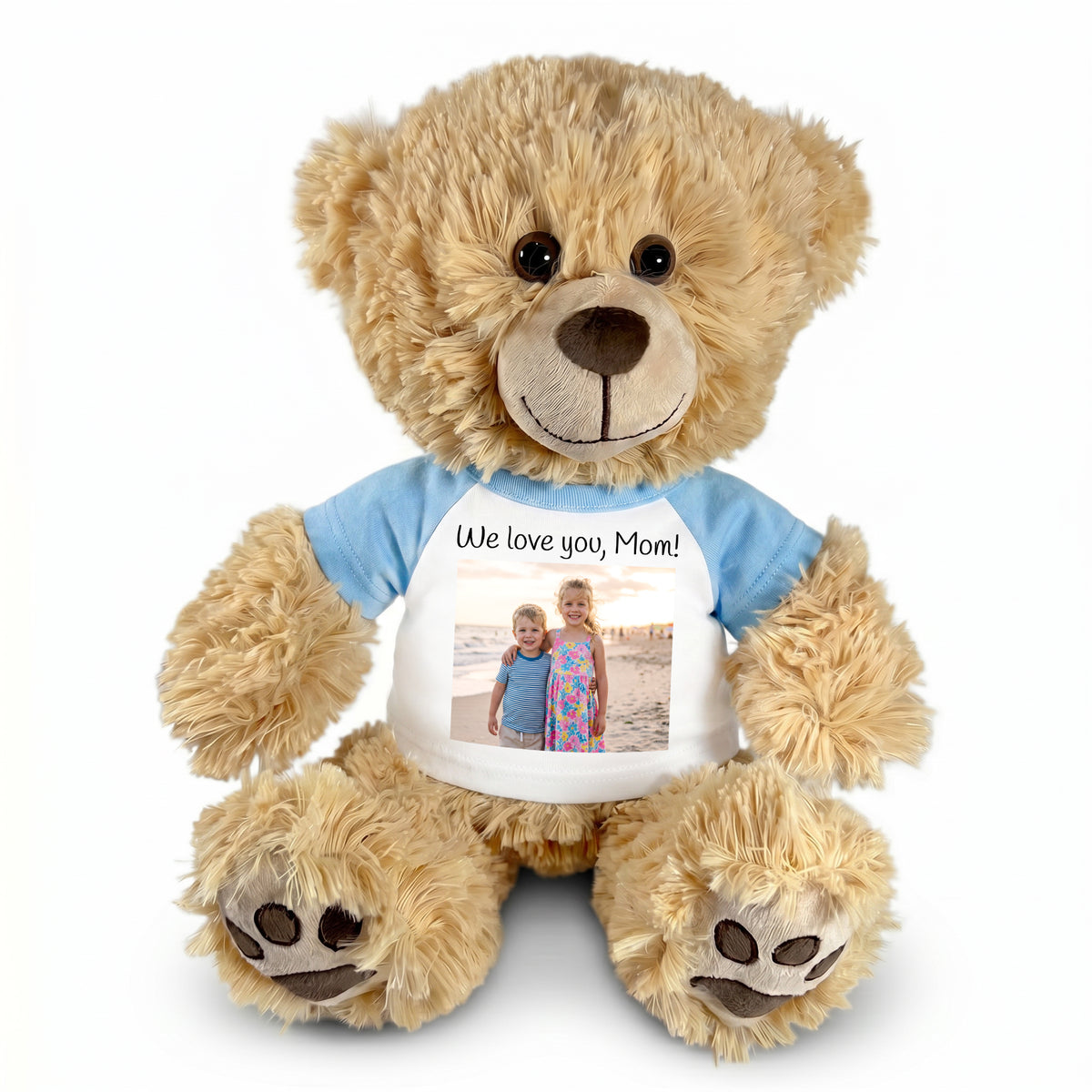 Personalized Teddy Bear - 15 inch Honey Bear with Photo and/or Text - Light Blue Shirt