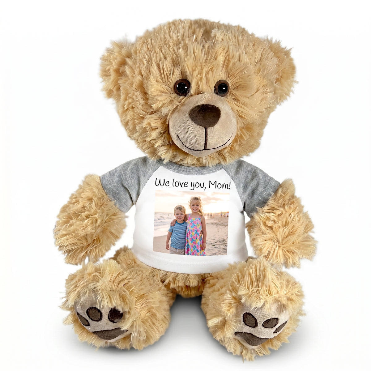 Personalized Teddy Bear - 15 inch Honey Bear with Photo and/or Text - Grey Shirt