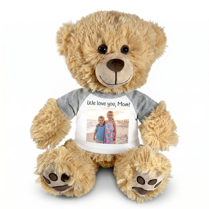 Personalized Teddy Bear - 15 inch Honey Bear with Photo and/or Text - Grey Shirt