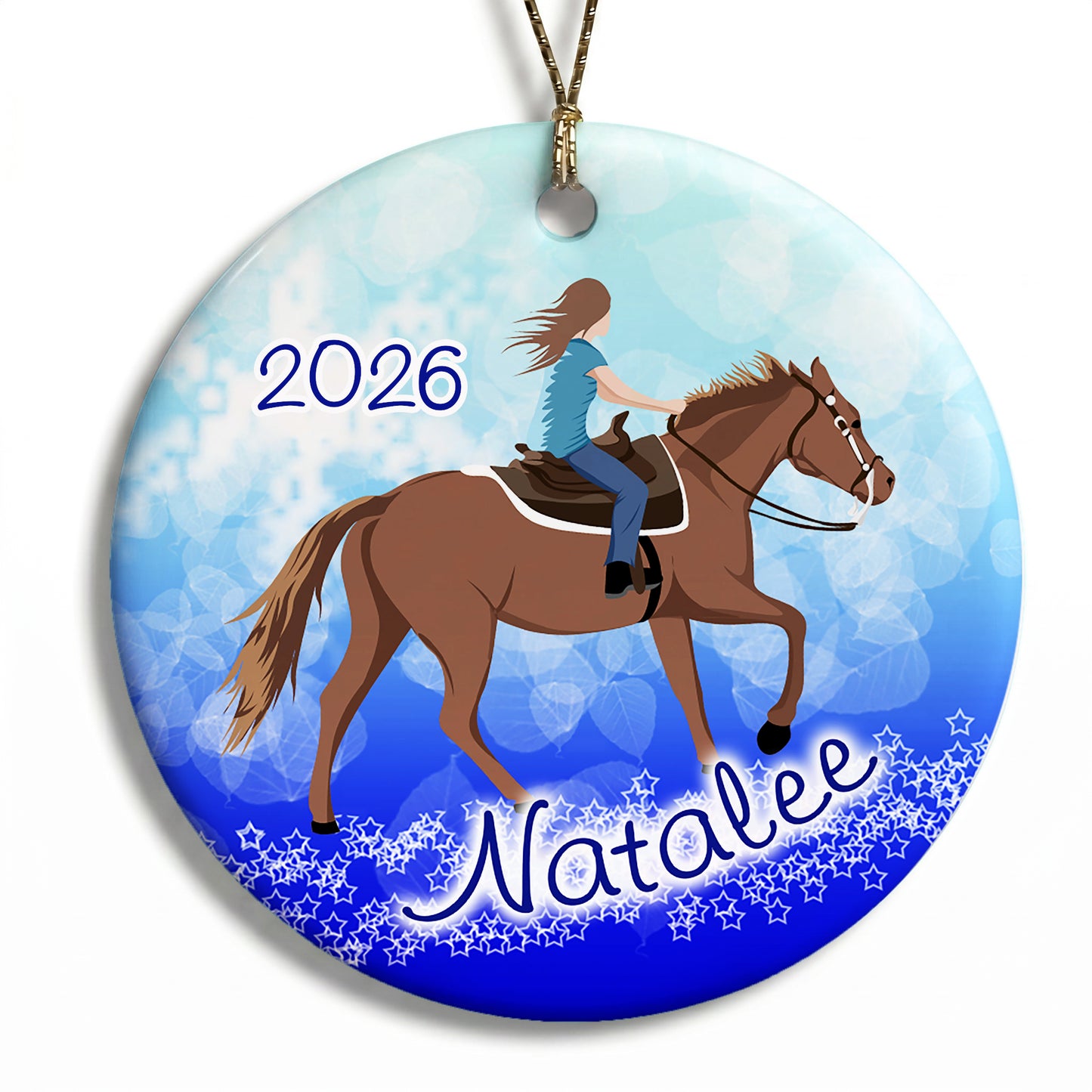 Horse Dreams Personalized Christmas Ornament - Classic Blue with brown haired girl