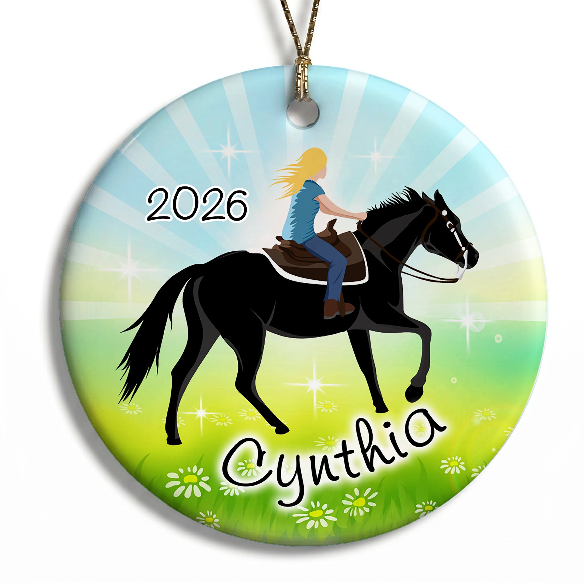 Horse Dreams Personalized Christmas Ornament - Sparkling Meadow - Blonde Hair