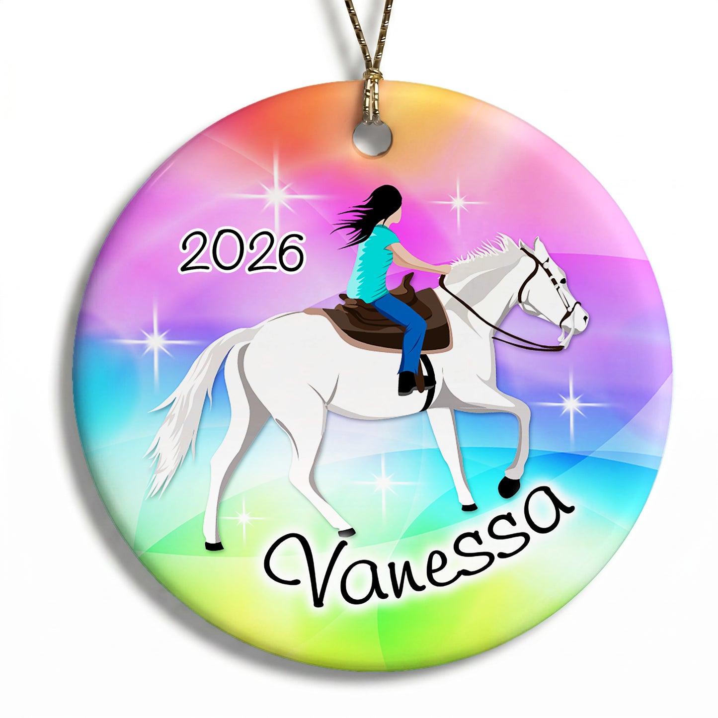 Horse Dreams Personalized Christmas Ornament - Rainbow Ride - Black Hair