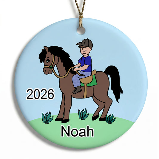 Boy on Horse Personalized Christmas Ornament - Brown Hair