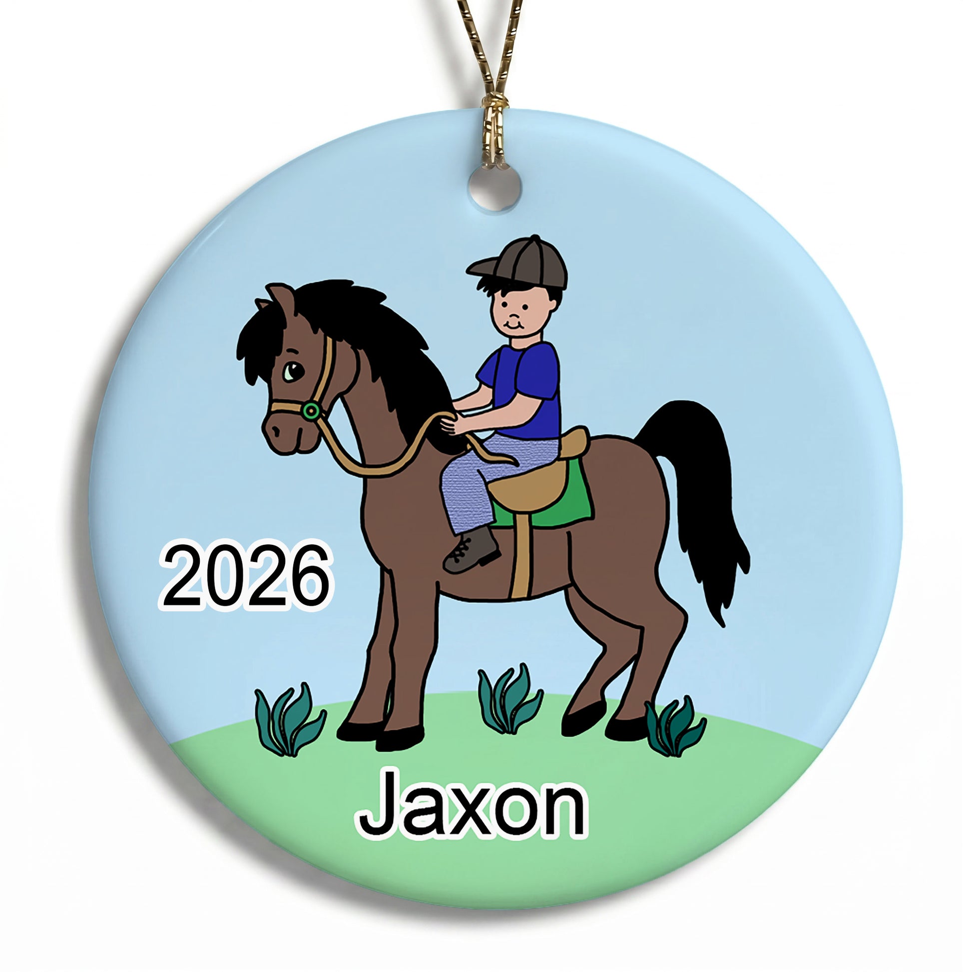 Boy on Horse Personalized Christmas Ornament - Black Hair