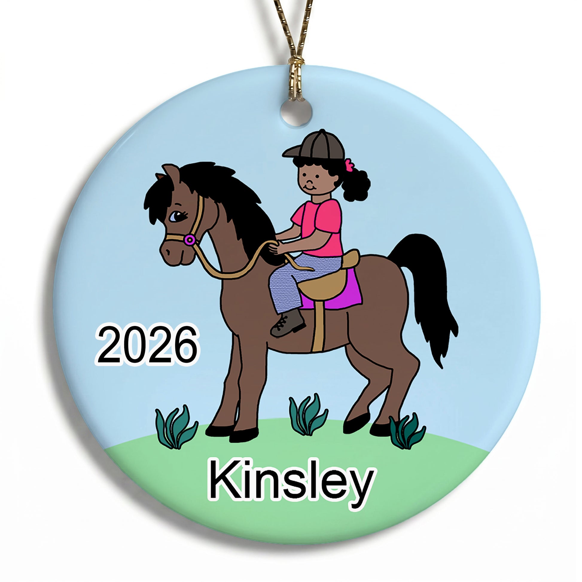 Girl on Horse Personalized Christmas Ornament - Black / African American