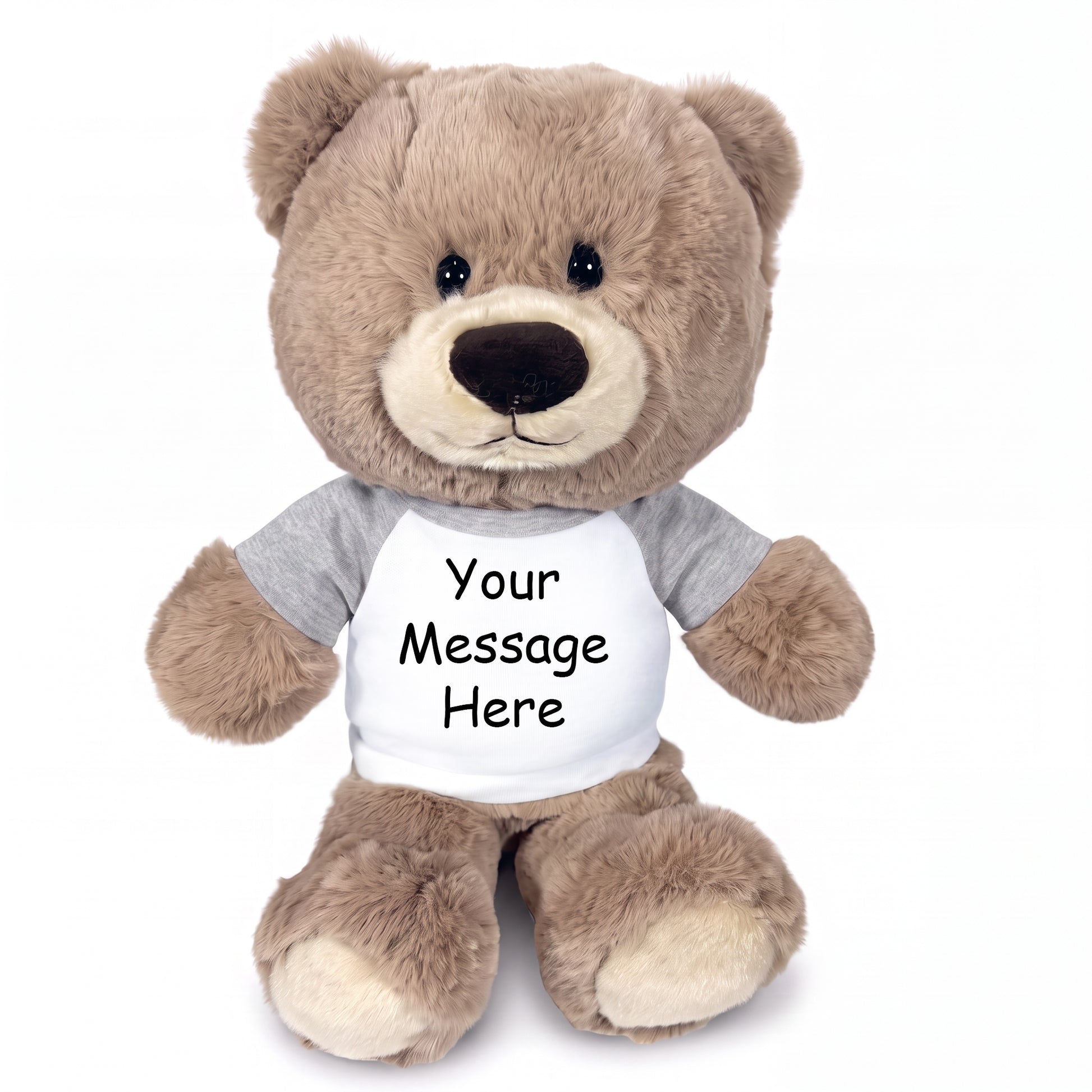 Personalized Teddy Bear - 11 inch Hug-a-Wug Bear, Taupe - Grey Shirt