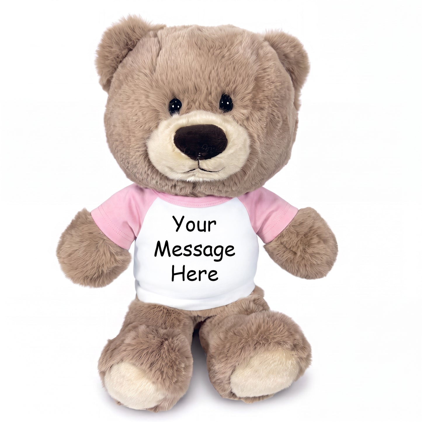 Personalized Teddy Bear - 11 inch Hug-a-Wug Bear, Taupe - Pink Shirt