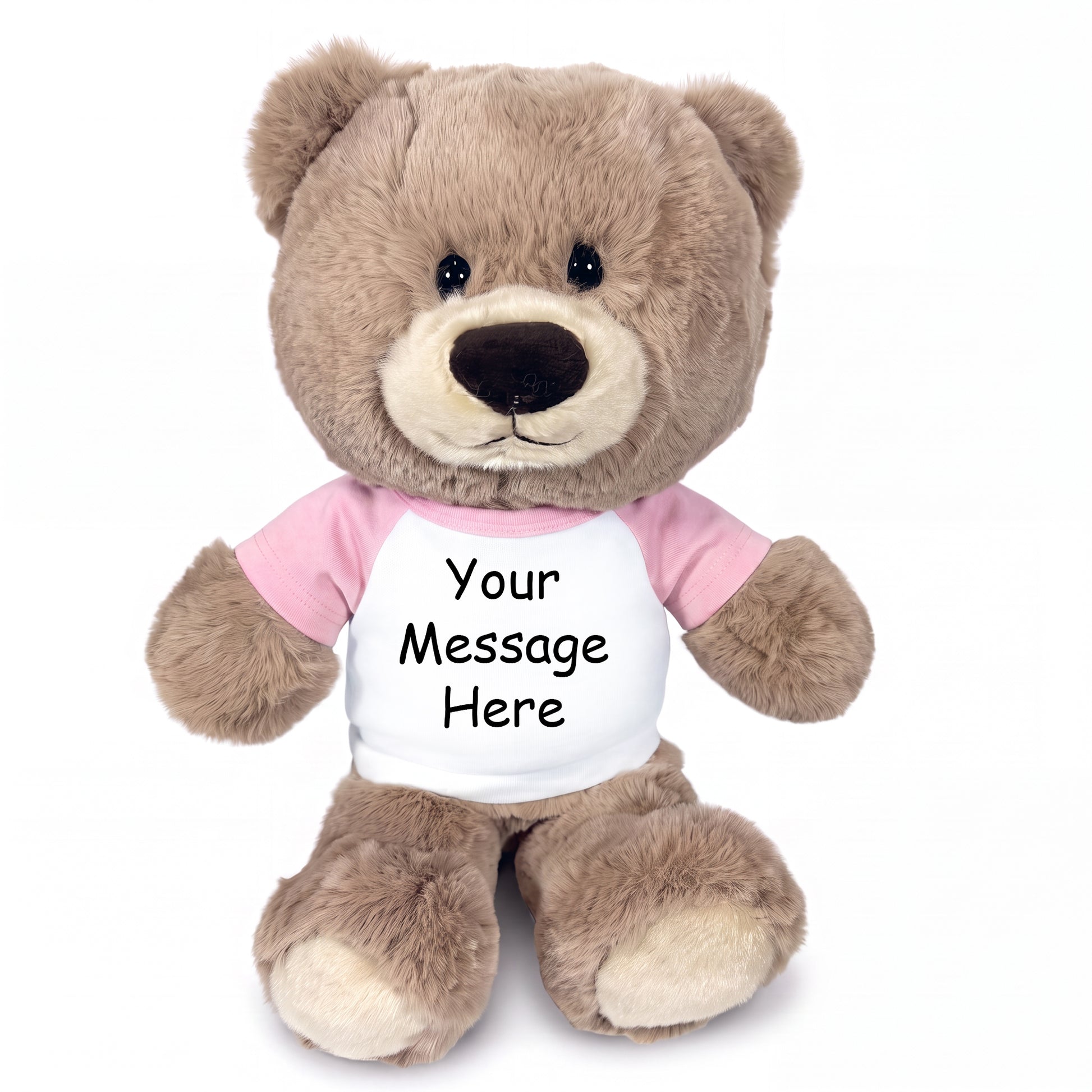 Personalized Teddy Bear - 11 inch Hug-a-Wug Bear, Taupe - Pink Shirt