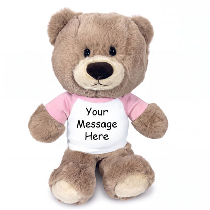 Personalized Teddy Bear - 11 inch Hug-a-Wug Bear, Taupe - Pink Shirt