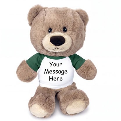 Personalized Teddy Bear - 11 inch Hug-a-Wug Bear, Taupe - Green Shirt